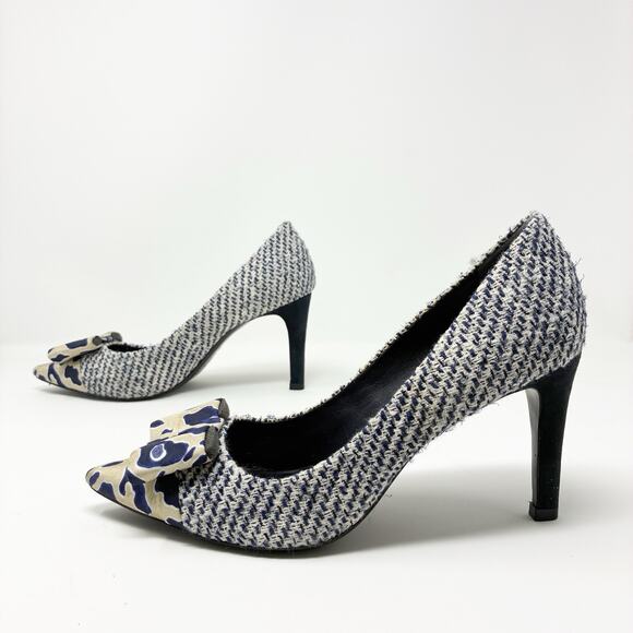 Tory Burch Cleo Tweed and Animal Print Bow Pump Heels 8 - Picture 1 of 7
